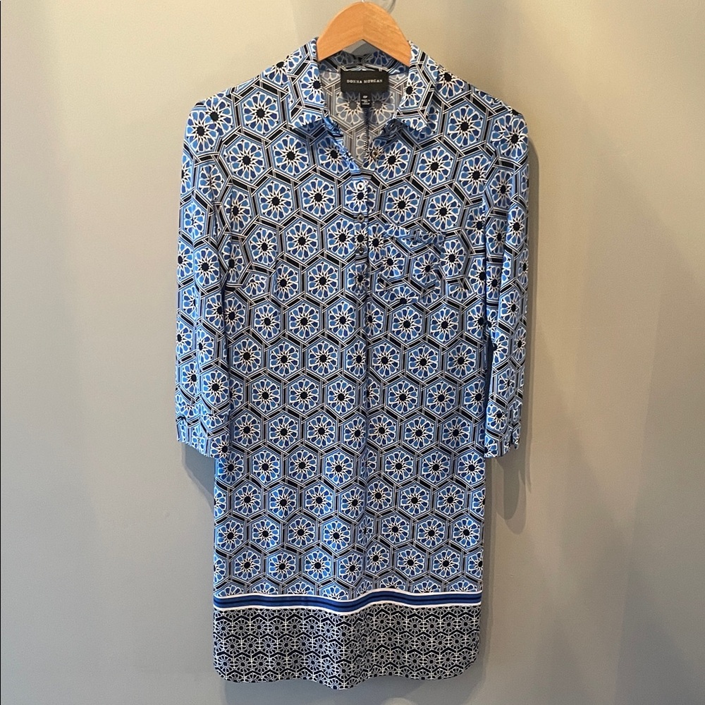 Donna‎ Morgan 3/4 sleeve Dress in Blue and White Geometric Pattern Size 6P